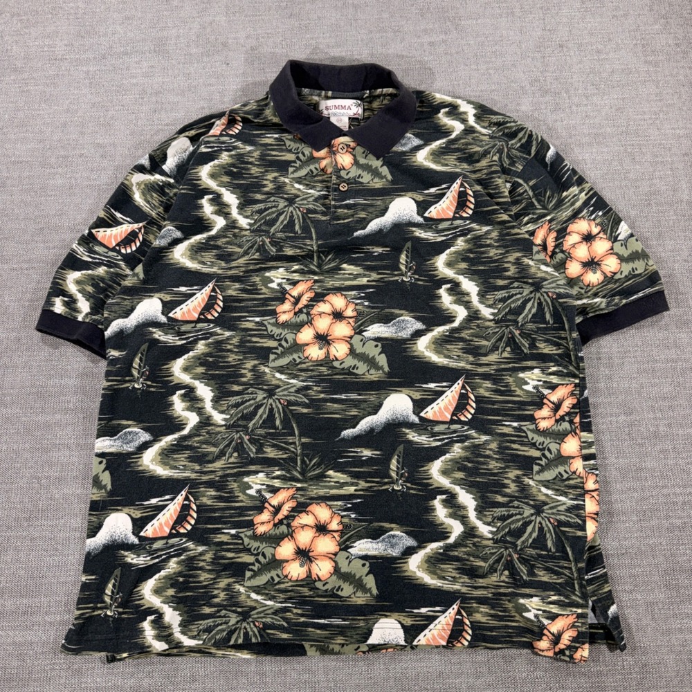 Summa Polo Shirt Mens 2X Black Tropical Sailboat Excellent Cotton Hawaiian Print